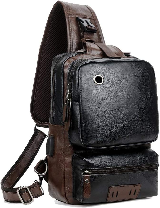 Small Black Sling Crossbody Backpack Shoulder Bag for Men Women Vintage PU Leather Sling Backpack Cycling