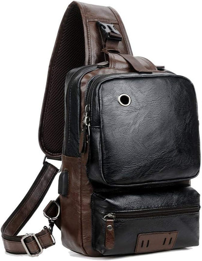Small Black Sling Crossbody Backpack Shoulder Bag for Men Women Vintage PU Leather Sling Backpack Cycling