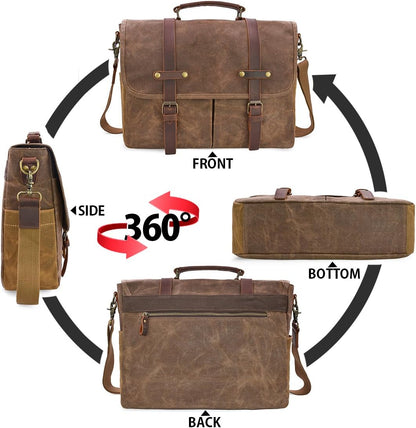 Mens Messenger Bag 15.6 Inch Waterproof Vintage Genuine Leather Waxed Canvas Briefcase Large Leather Computer Laptop Bag Rugged Satchel Shoulder Bag, Brown