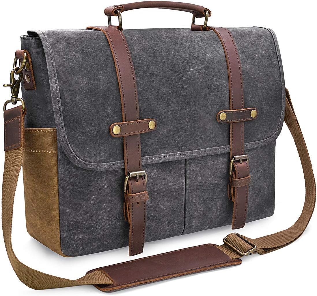 Mens Messenger Bag 15.6 Inch Waterproof Vintage Genuine Leather Waxed Canvas Briefcase Large Leather Computer Laptop Bag Rugged Satchel Shoulder Bag, Brown