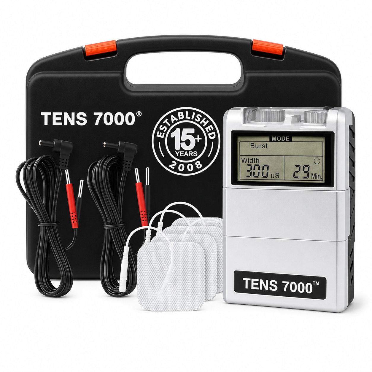 TENS 7000 complete kit with carrying case, lead wires and four electrode pads