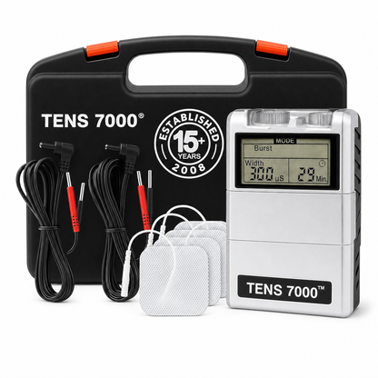TENS 7000 complete kit with carrying case, lead wires and four electrode pads